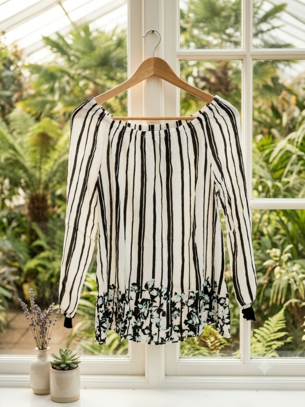 Cato Black & White Striped Peasant Blouse with Floral Hem